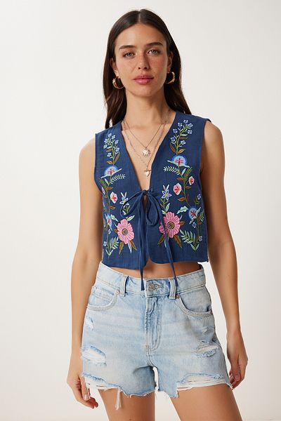Lovelyİstanbul Flower Embroidered Muslin Vest Dark Blue Lfh0003