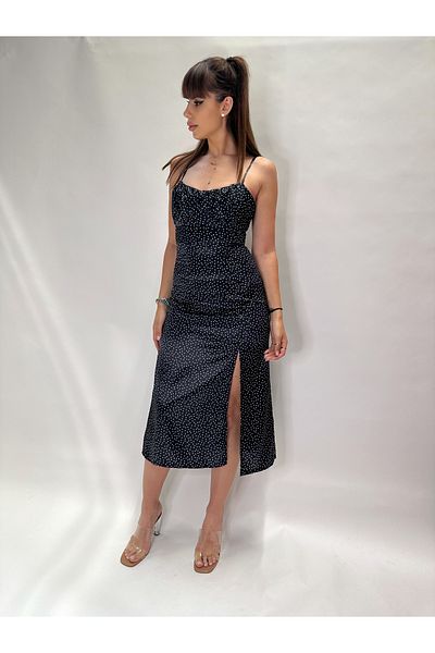 IFASTFASHION Rochie midi cu buline și bretele spaghete pentru femei – bust încrețit, crăpătură frontală, croială slim fit