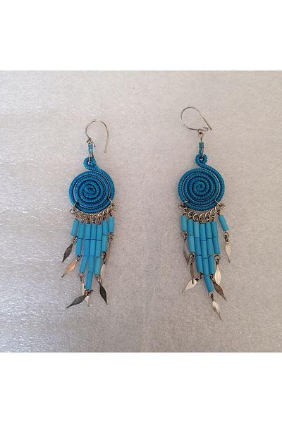 Butik Tülin Authentic Handmade Alpaca Wire Wrap Blue String Beaded Spiral Long Dangle Earrings 8.8X1.8 Made in Chile