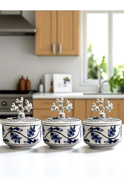 ferayhome Kitchen Accessory 3-Piece Breakfast Spice Rack Storage Container Sugar Bowl Blue Floral Silver Coral