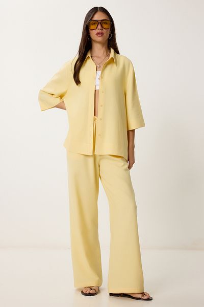 Lovelyİstanbul Linen Shirt Pants Suit Yellow Ldp0058