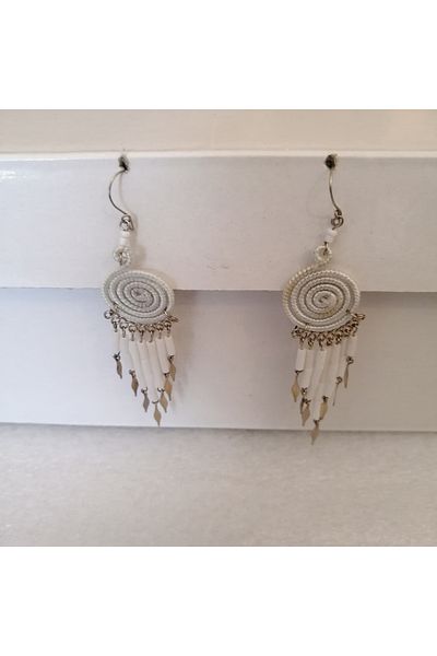 Butik Tülin Authentic Handmade Alpaca Wire Wrap White String Beaded Spiral Long Dangle Earrings 8.8X1.8 Made in Chile