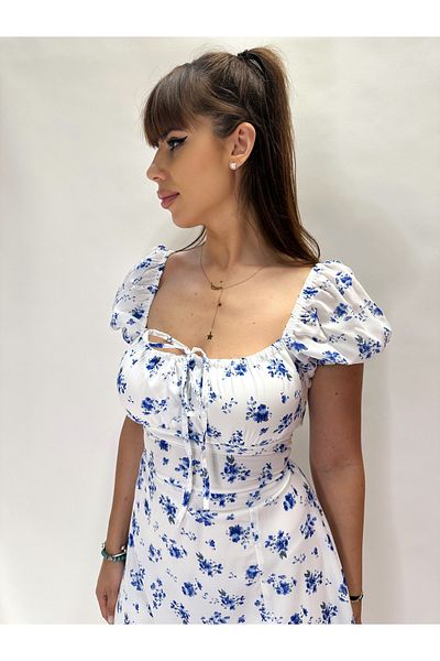 IFASTFASHION Women’s Blue Floral Puff Sleeve Midi Dress – Square Neck, Side Slit, Romantic Summer Look