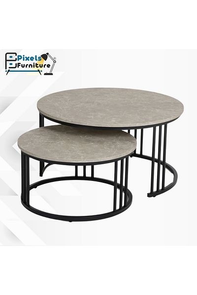 PixelsFurniture Pixel Furniture 2 Piece Round Nesting Main Table Set, Metal Bases