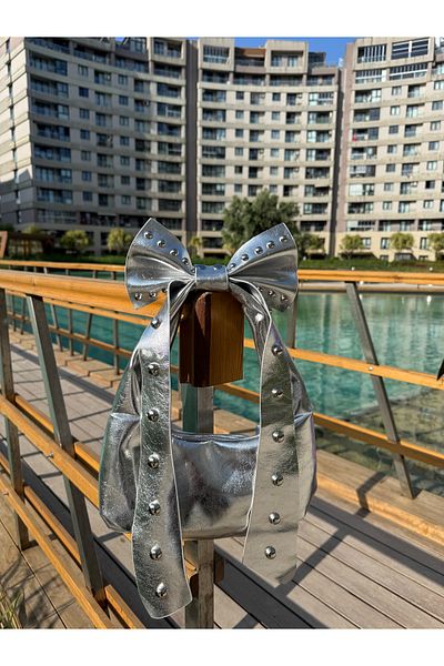 Goldies Bag Women's Silver Ribbon Model Staple Detailed Magnet Closure Baguette Hand and Shoulder Bag