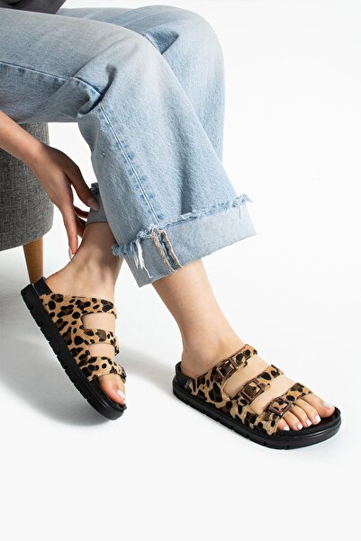 Sivarro Леопардові тапочки з трьома пряжками, бежеві