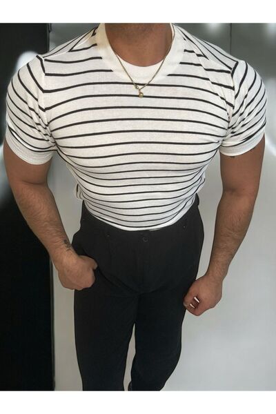 Butik تي شيرت ROSS مخطط برقبة دائرية وقصة أساسية