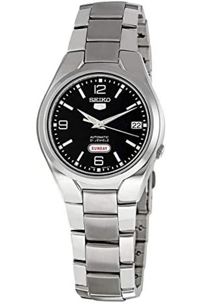 Seiko ساعة رجالية بمينا أسود وسوار من الفولاذ المقاوم للصدأ - SNK623K1