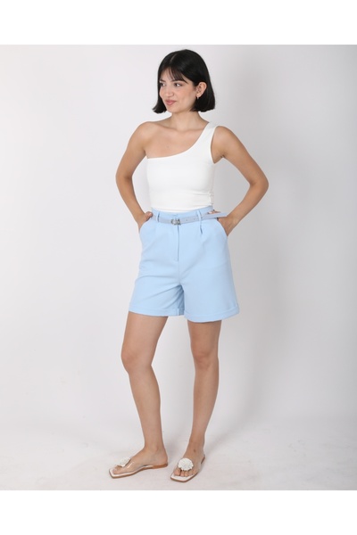 deqfashion Kadın Mavi Pileli Yüksek Bel Kemerli Şehir Boy Şort