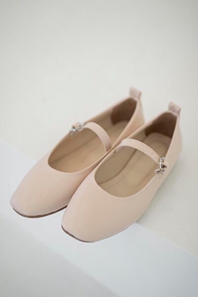 Parponi Amalia Women's Belt Detail Leather Ballerinas Ecru