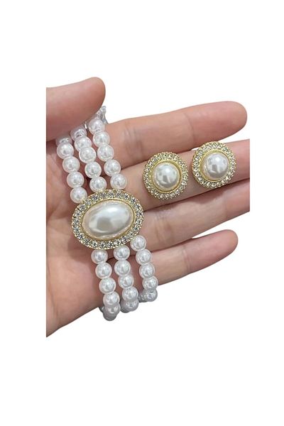 The Casius. Set colier choker din perle albe faux cu pandantiv si cercei perla, culoarea alb