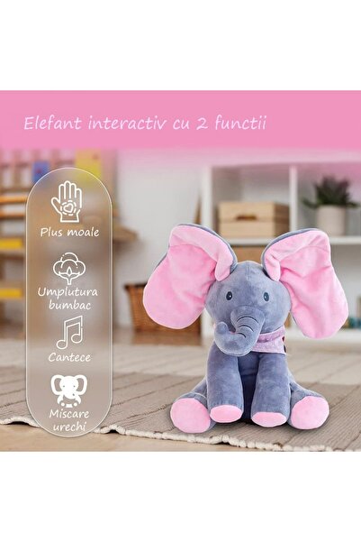 OEM Interactive Plush Elephant Cuckoo Boo, Talks and Sings, Grey/Pink, 30cm