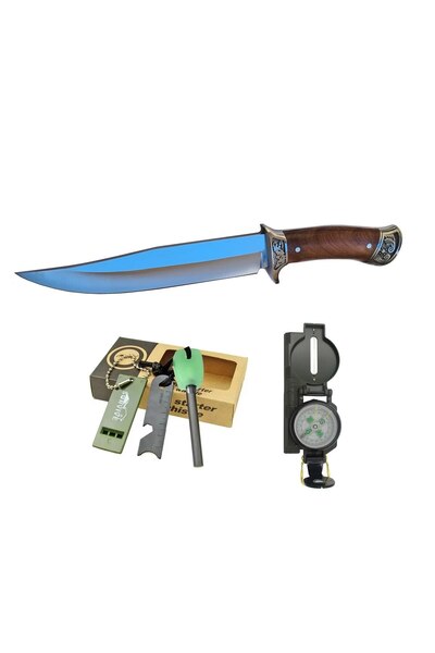 Globalport Retail Eagle hunting knife set 31.5cm, full tang steel, wooden handle, sheath, 2 in 1 holster, metal compass