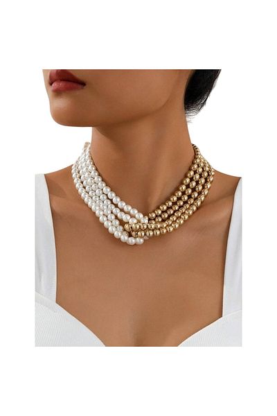 The Casius. Colier choker model francez, cu mai multe siruri de margele, alb si auriu, theCasius