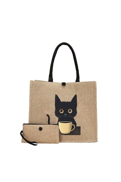 The Casius. Geanta tote din material de in cu portofel, model Pisica neagra cu ceasca de cafea, 30x34x15x14 cm,