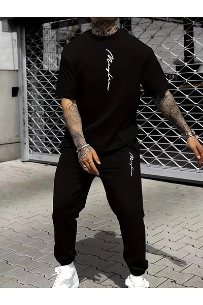 WOODROFFE Men's Printed T-Shirt & Sweatpants Bottom Top Set Combination