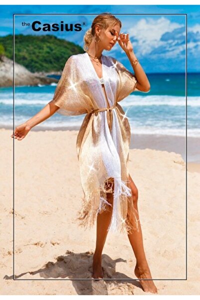 The Casius. Kimono with fringes and waistband, golden and white color
