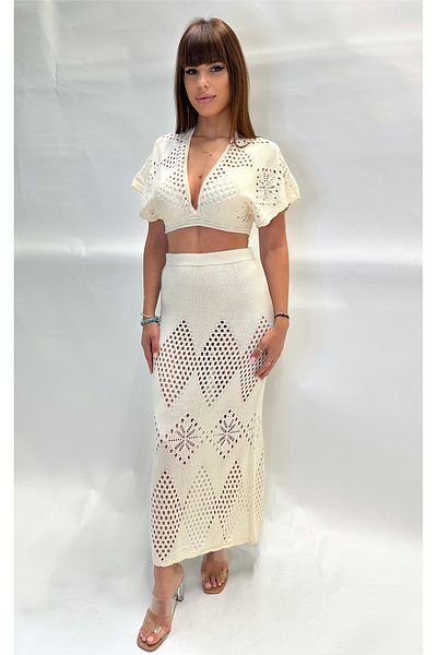 IFASTFASHION Women’s 2-Piece Boho Crochet Knit Set – Crop Top & High Waist Maxi Skirt in Cream, Beach Outfit