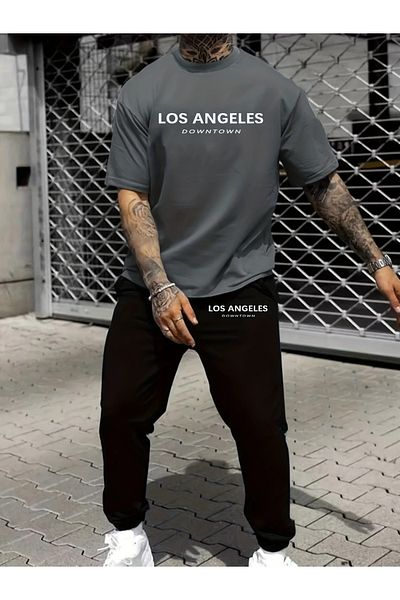 WOODROFFE Men's Los Angeles Downtown Printed T-Shirt & Sweatpants Bottom Top Set Combination