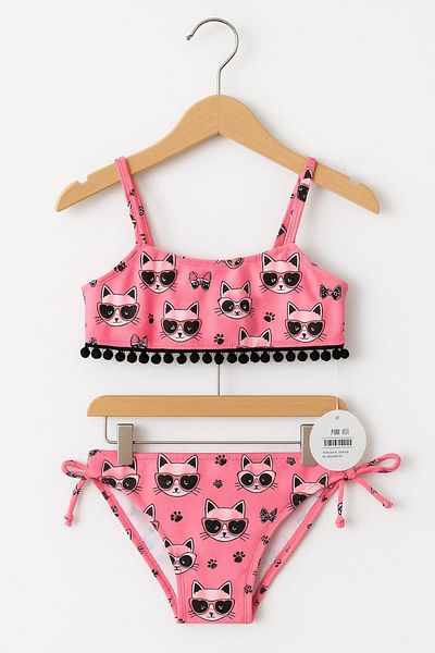No Gossip Multicolored Patterned Pompom Girl's Bikini Set 234202
