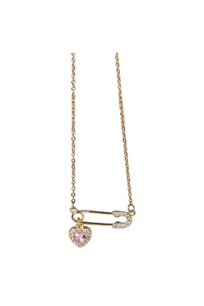The Casius. Safety Pin Necklace with Stones, Gold Plated Titanium Steel, Golden