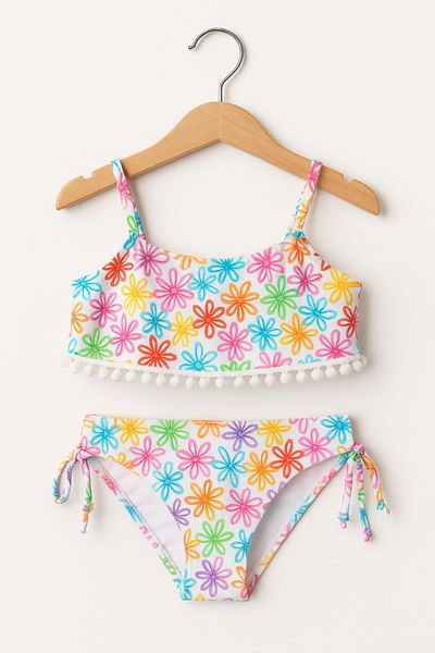 No Gossip Multicolored Patterned Pompom Girl's Bikini Set 234202