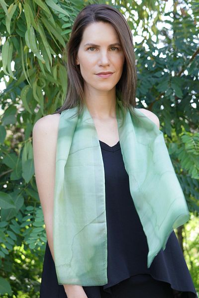 Defne&Apollon İpekçilik 100% Pure Silk Hand Painted Scarf - Special Design 35X140Cm - Green
