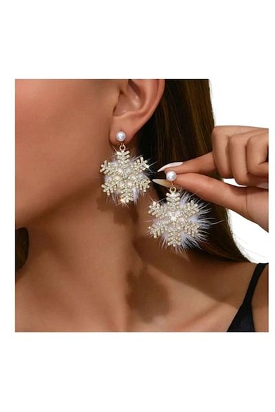 The Casius. Snowflake-Shaped Earrings with White Puff and Crystals, Gold and White Colors - The Casius