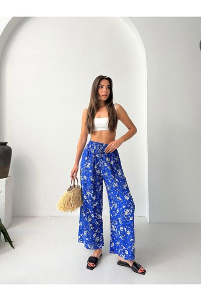 Jeevee Saks Blue Large Floral Patterned Wide Leg Trousers