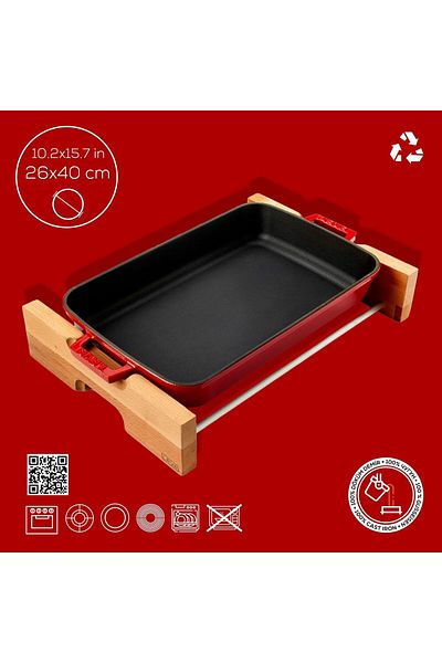 Lava Metal Cast Rectangular Tray and Wooden Base, 26X40Cm