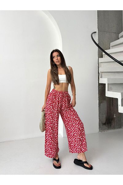 Jeevee Red Floral Patterned Summer Wide Leg Trousers