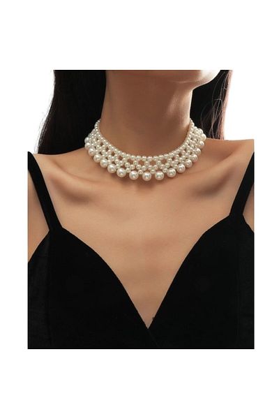 The Casius. Colier stratificat cu mai multe șiraguri de perle artificiale, 38-43 cm, culoare albă