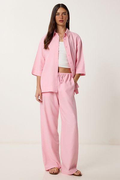 Lovelyİstanbul Linen Shirt Pants Suit Pink Ldp0058