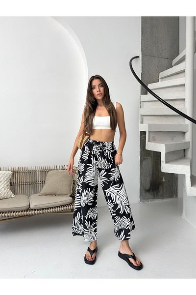 Jeevee Black tropical leaf patterned wide leg pants