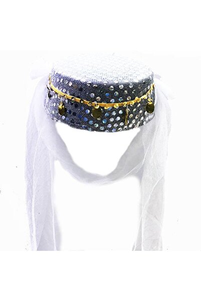 ForWhat Henna Night Fesi with White Veil Gold Flake Embroidery for Bureau Hom...