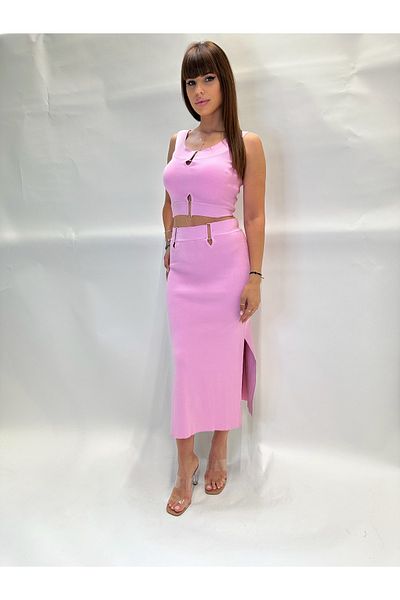 IFASTFASHION Women’s 2-Piece Sleeveless Cut-Out Midi Skirt Set – Summer Co-Ord with Metal Details