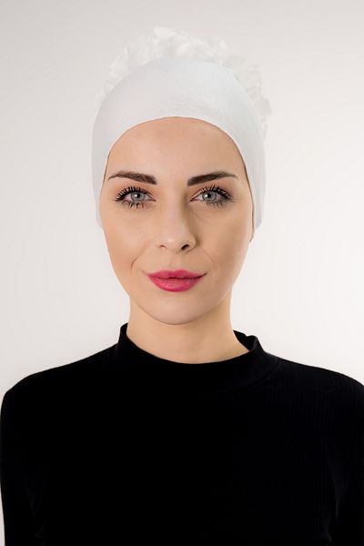 Şalcenneti.com Ruffled Front Seamless White Color Bonnet