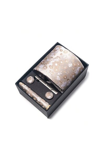 The Casius. Men's Set: Tie, Pocket Square, Cufflinks, Tie Clip - Beige