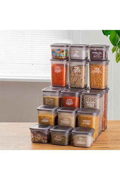 velvedi Porsima 433-Gr-6 18 Li Square Labeled Food Ration Spice Storage Container Set 6X(0.60 1.30 1.90) Lt Gray