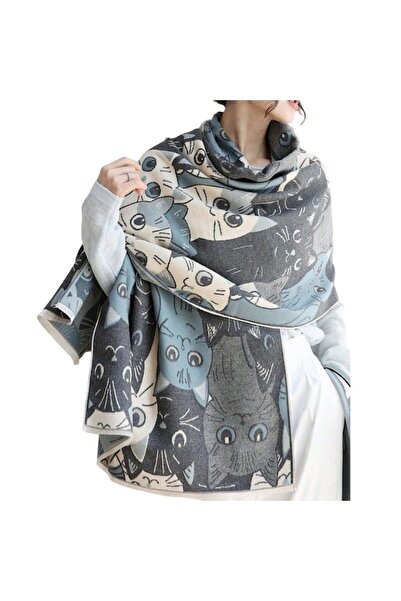 The Casius. Long scarf for women, premium materials, cat design, blue and gray