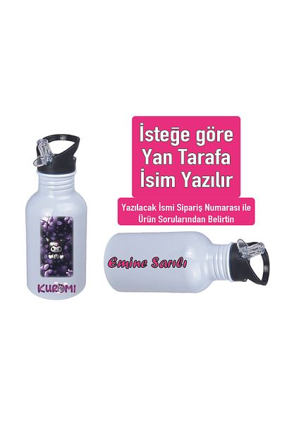 DKDZ SHOP Kuromiii Printed Metal Water Bottle with Straw and Hook 600ml. White