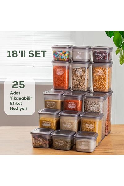 velvedi Porsima 433-Gr-6 18 Li Square Labeled Food Ration Spice Storage Container Set 6X(0.60 1.30 1.90) Lt Gray