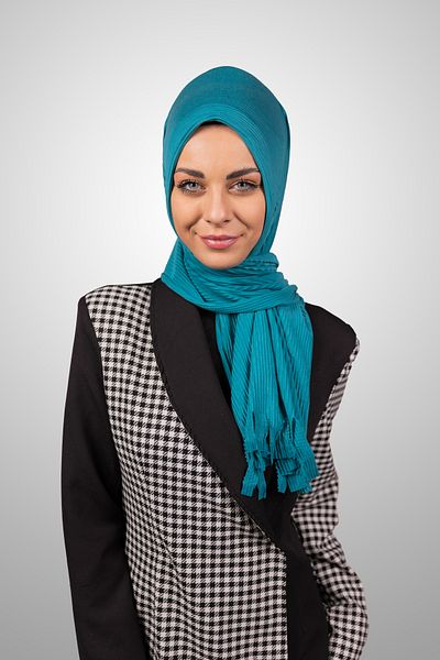 Şalcenneti.com Practical Pleated Shawl Ready to Wear Organic Light Petrol Color Sponge Model