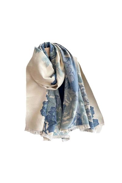The Casius. Long scarf for women with floral print, blue and beige, The Casius