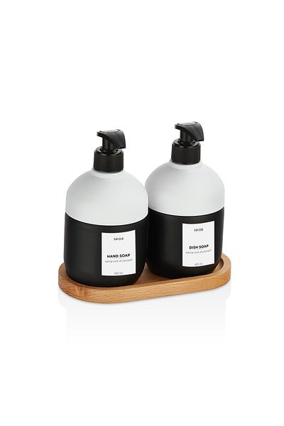MUF HOME Glass Pump Liquid Soap Dispenser Set Double Liquid Soap Dispenser Wooden Stand Countertop Modern Soap Dispenser 425ml