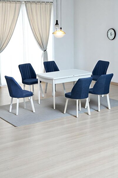 Kaktüs Avm Sera Beyaz 80 x 132 Açılabilen Sunta Masa Beyaz Metal Ayaklı Mutfak Masası 6 Lacivert Sandalye