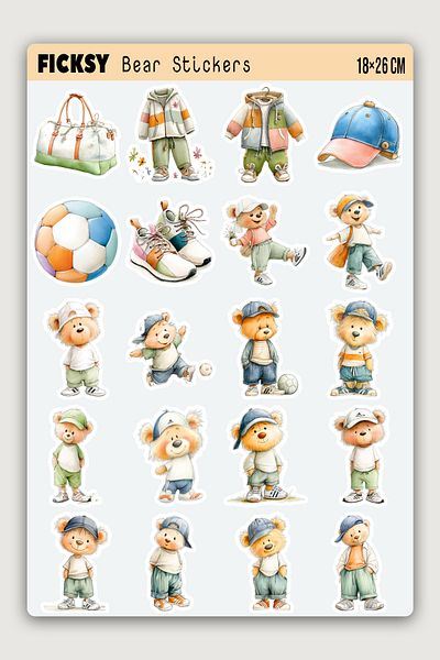 Ficksy Cute Sports Bear Sticker Set - 20 Sticker Stickers