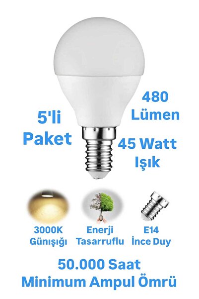 repplam 5 Adet 5W Günışığı İnce Duylu Top Ampul E14 İnce Duylu Avize Ampulü 4...