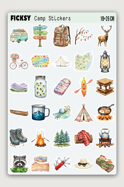 Ficksy Adventure, Nature Themed Camping Sticker Set - 30 Sticker Stickers