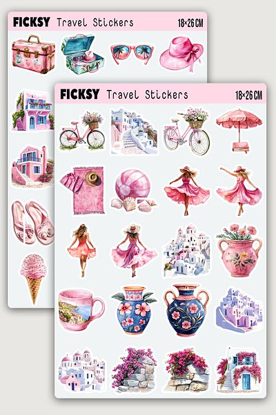 Ficksy Santorini Aegean Island Sticker Set - 40 Pieces Summer Vacation Travel Traveler Label Sticker